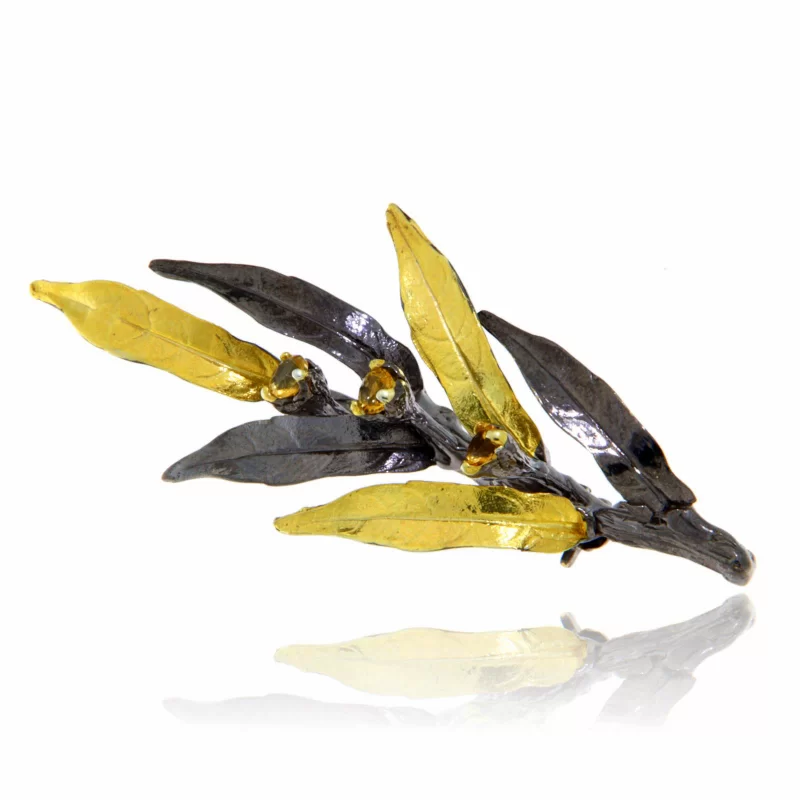 Pandantiv si Brosa din Argint 925 Rodiu Negru Accente Aurite Citrin Natural - Eleganta Versatila