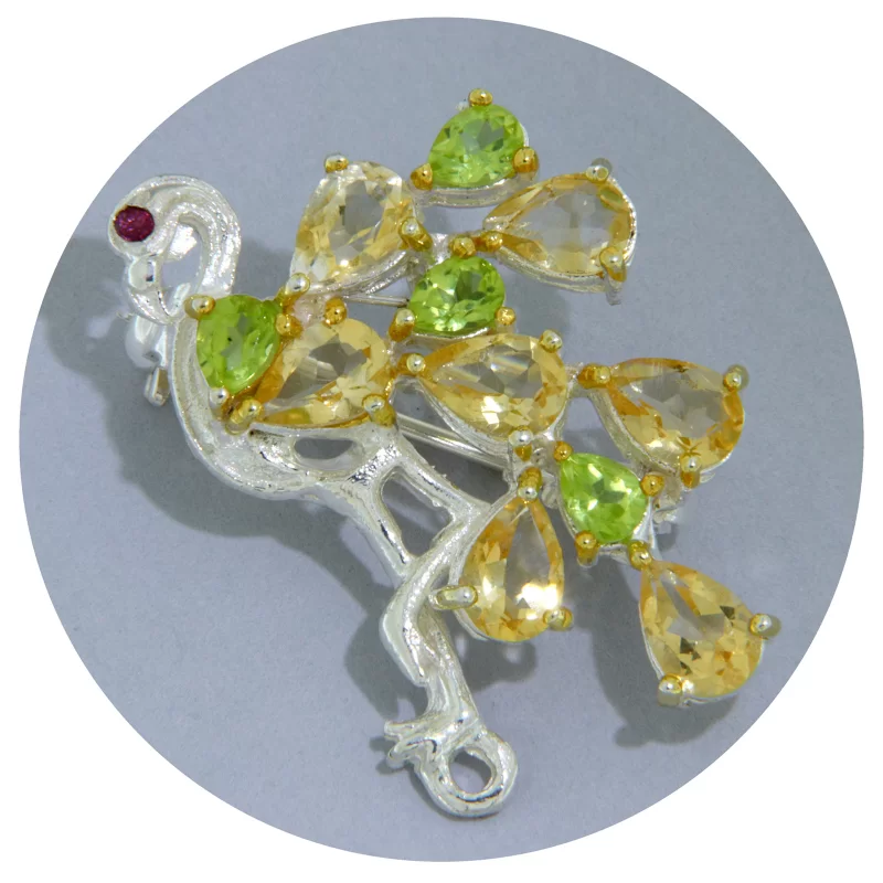 Brosa Argint 925 Accente Aurite Citrin Peridot Naturale - Eleganta Maiastra