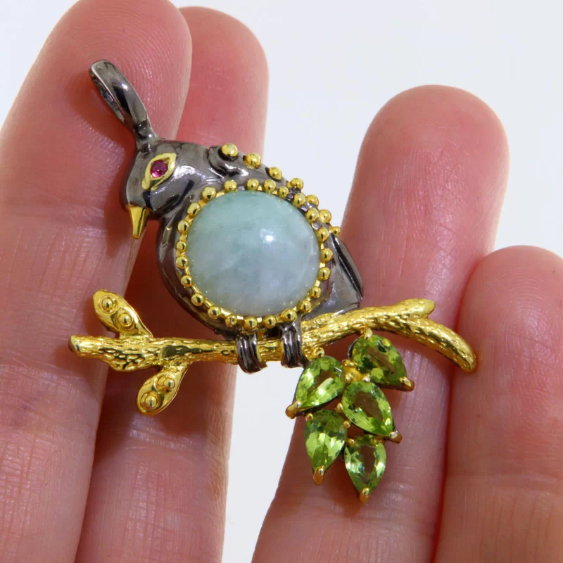 Pandantiv Argint 925 Rodiu negru Accente aurite Jad Peridot Naturale - Elegant Bird