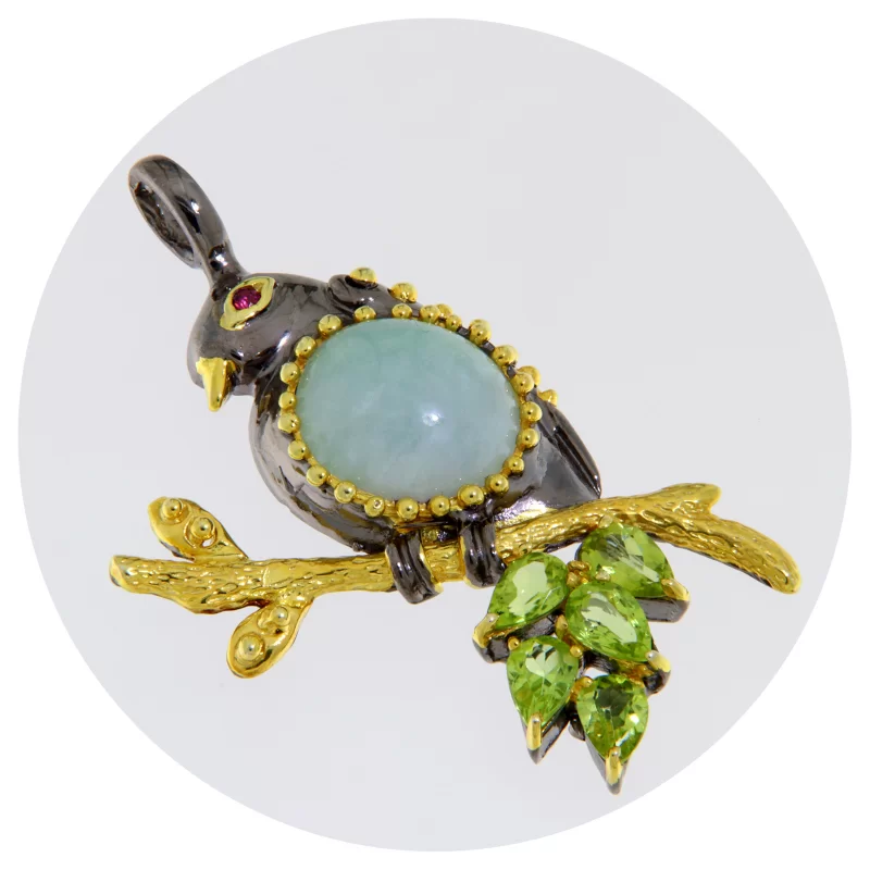 Pandantiv Argint 925 Rodiu negru Accente aurite Jad Peridot Naturale - Elegant Bird