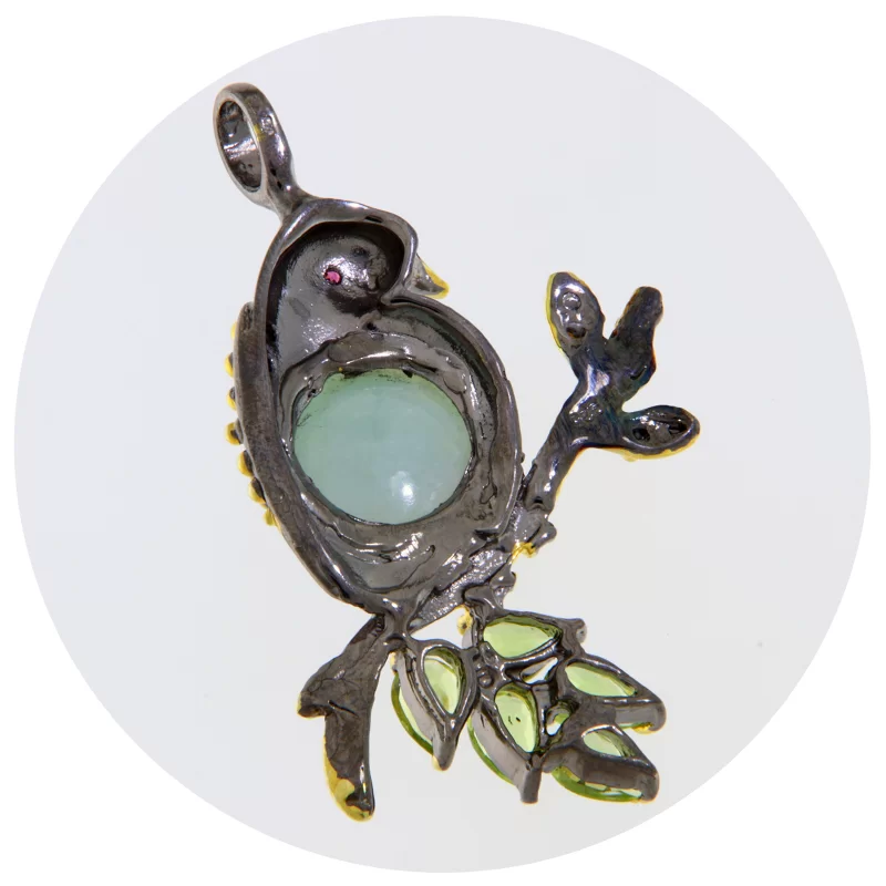 Pandantiv Argint 925 Rodiu negru Accente aurite Jad Peridot Naturale - Elegant Bird