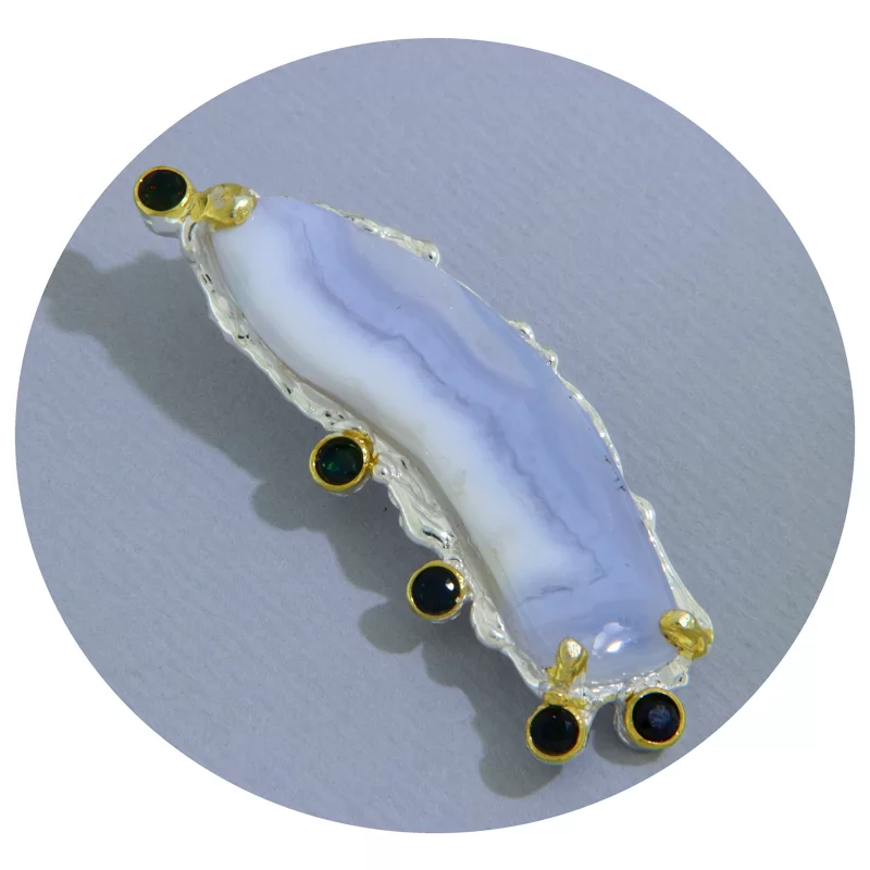 Pandantiv Argint 925 Accente Aurite Calcedonie Opal Negru Naturale - Mister si Eleganta