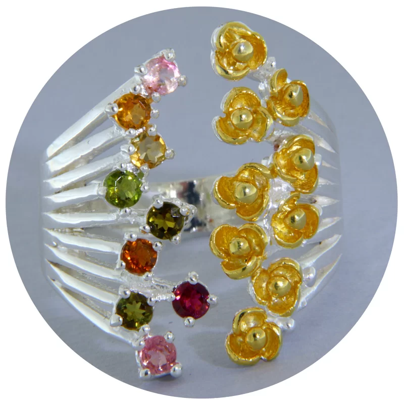 Inel Argint 925 Accente Aurite Turmalina Multicolora Naturala - Stralucire si Echilibru