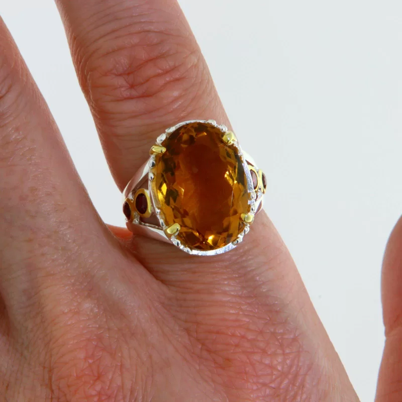 Inel Argint 925 Accente Aurite Citrin Granate Naturale - Pasiune si Echilibru