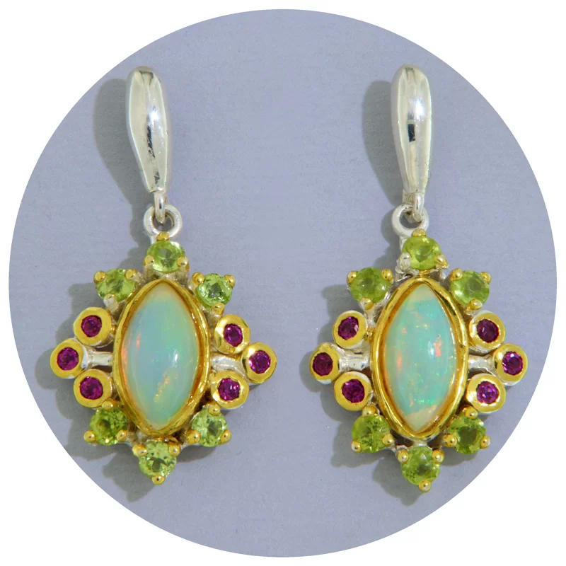 Cercei Argint 925 Accente Aurite Opal Etiopian Peridot Granat Rodolit Naturale - Sofisticati si Expresivi
