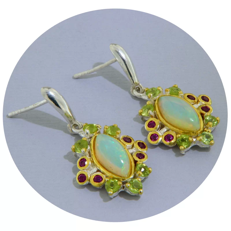 Cercei Argint 925 Accente Aurite Opal Etiopian Peridot Granat Rodolit Naturale - Sofisticati si Expresivi