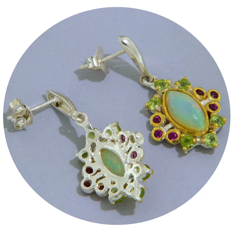 Cercei Argint 925 Accente Aurite Opal Etiopian Peridot Granat Rodolit Naturale - Sofisticati si Expresivi