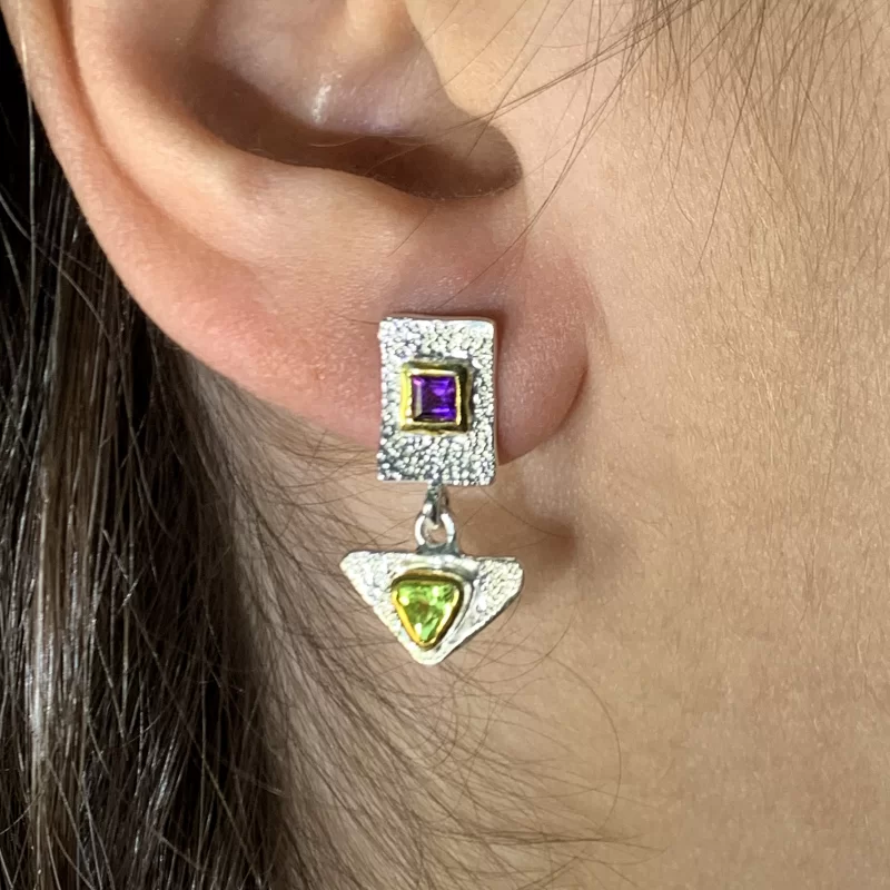 Cercei Argint 925 Accente Aurite Ametist Peridot Naturale - Stralucire si Echilibru