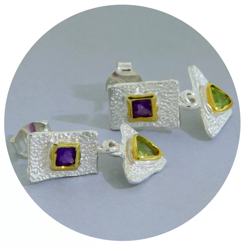 Cercei Argint 925 Accente Aurite Ametist Peridot Naturale - Stralucire si Echilibru