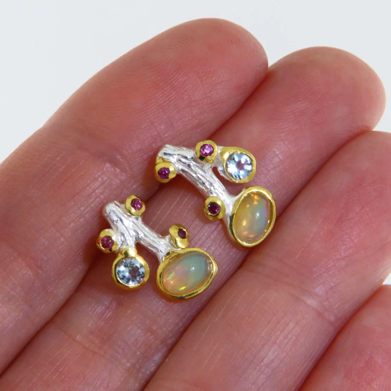 Cercei Argint 925 Accente Aurite Opal Etiopian Topaz Granat Rodolit Naturale - Magie si Stralucire