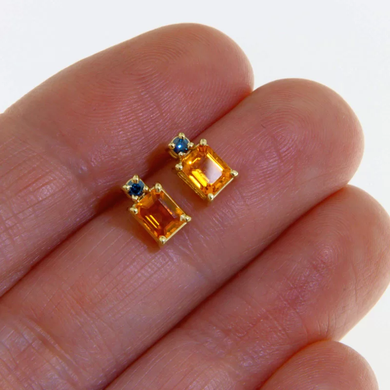 Cercei Stud Aur Galben 14 k Safire Portocalii Diamante Albastre Naturale - Energie si Eleganta