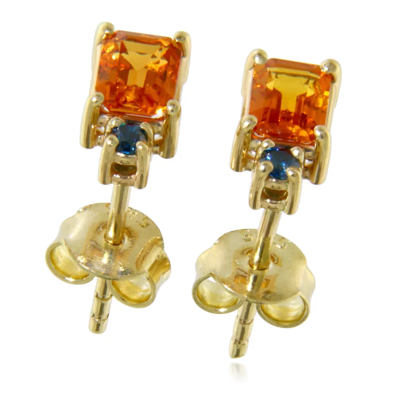Cercei Stud Aur Galben 14 k Safire Portocalii Diamante Albastre Naturale - Energie si Eleganta