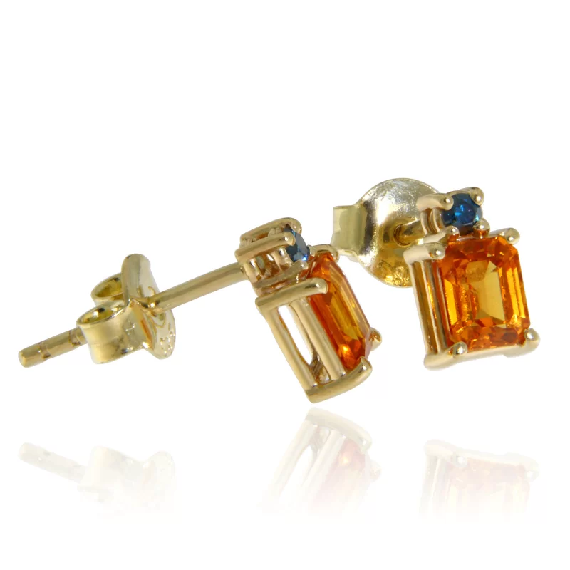 Cercei Stud Aur Galben 14 k Safire Portocalii Diamante Albastre Naturale - Energie si Eleganta