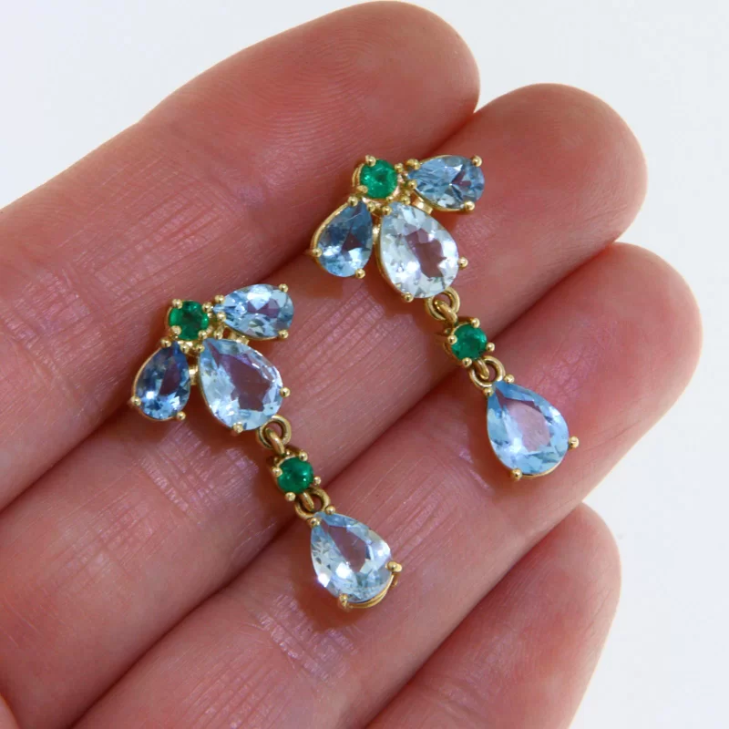 Cercei Aur Galben 14 k Acvamarine Smaralde Naturale - Diafani si Rafinati
