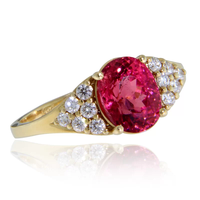 Inel Aur Galben 14 k Turmalina Roz Diamante Naturale - Romantic si Distins