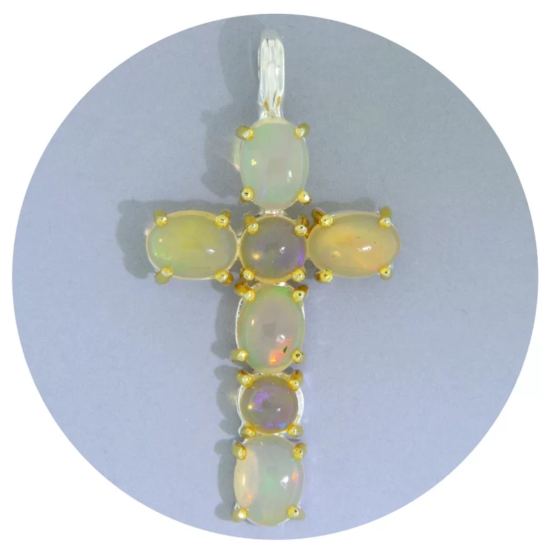Pandantiv Argint 925 Accente Aurite Cruce Opal Etiopian Natural - Eleganta si Spiritualitate