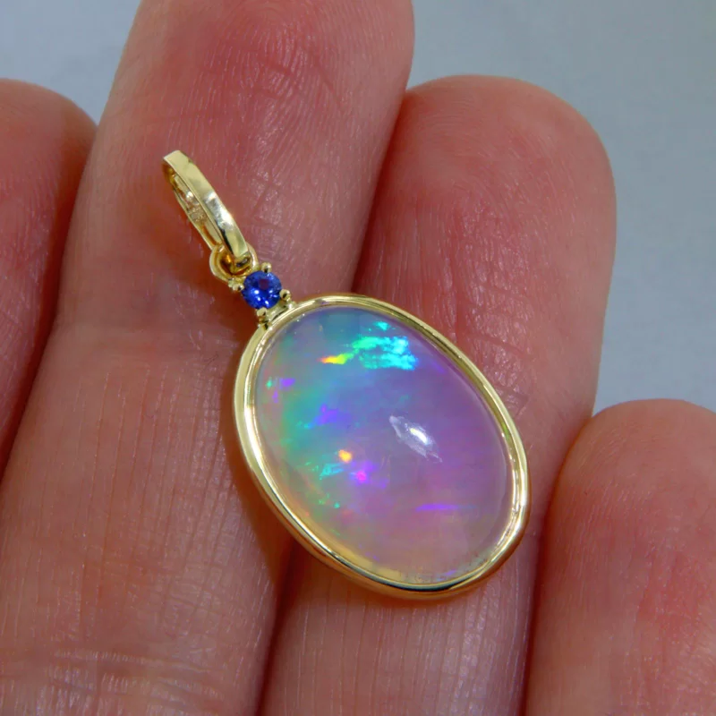 Pandantiv Aur 14 k Galben Opal etiopian Safir Albastru - Mistic, Fascinant