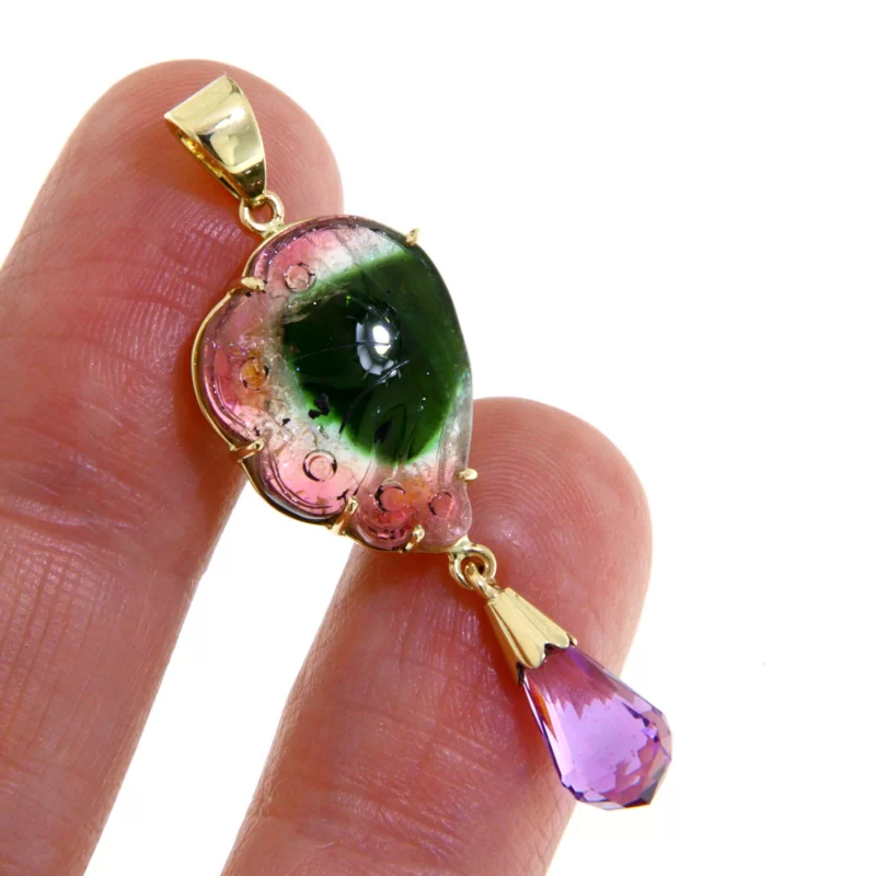 Pandantiv Aur 14 k Galben Turmalina Watermelon Gravata Manual Ametist Naturale - Creativitate si Armonie