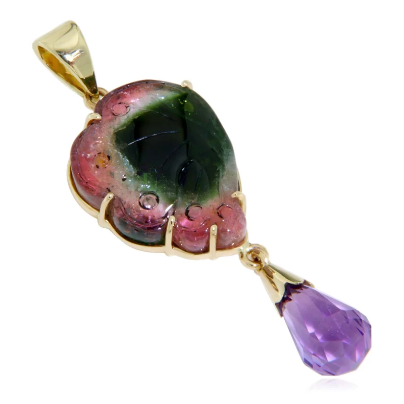 Pandantiv Aur 14 k Galben Turmalina Watermelon Gravata Manual Ametist Naturale - Creativitate si Armonie