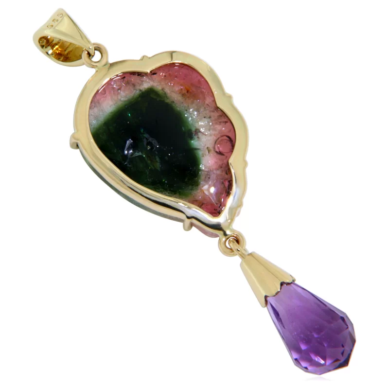 Pandantiv Aur 14 k Galben Turmalina Watermelon Gravata Manual Ametist Naturale - Creativitate si Armonie
