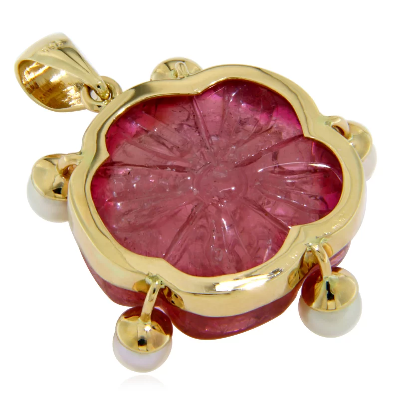 Pandantiv Aur 14 k Turmalina Roz Gravata Manual Perle de Cultura Naturale - Rafinament si Puritate