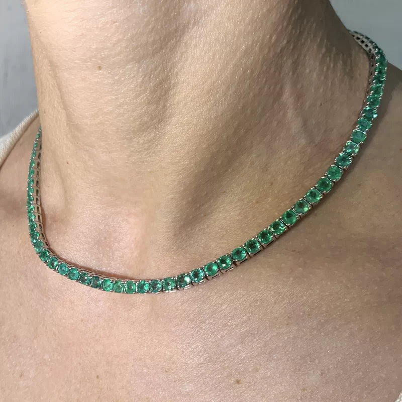 Colier Tennis Aur Alb 14 k Smaralde Naturale - Eleganta Eterna