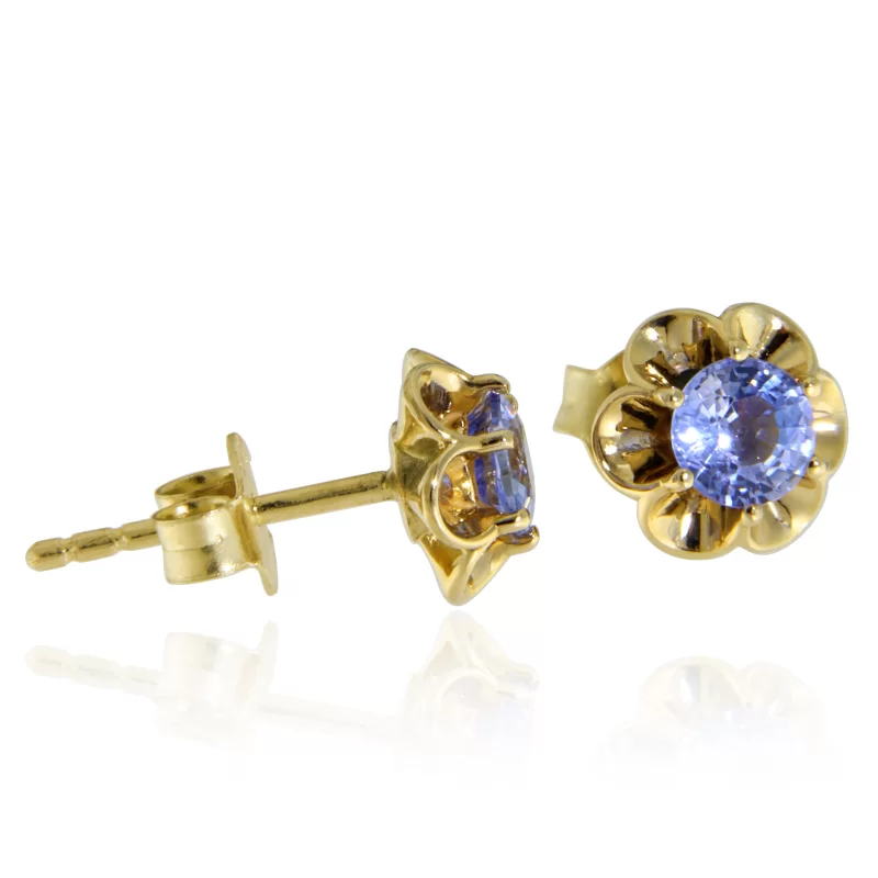 Cercei Stud Aur Galben 14 k Safire Albastre de Ceylon - Eleganta Clasica si Rafinament Regal