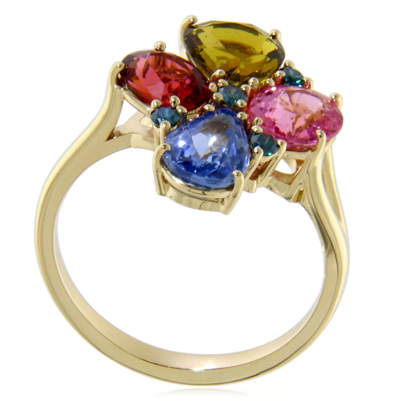 Inel Aur Galben 14 k Safir Diamante Turmaline Naturale - Eleganta si Vibratie Coloristica