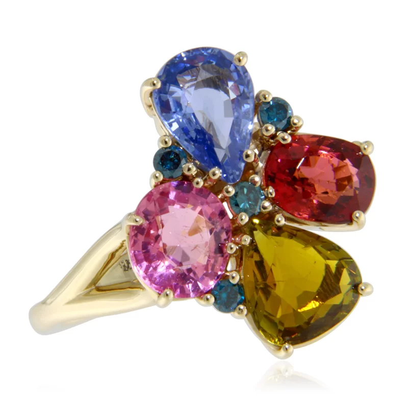 Inel Aur Galben 14 k Safir Diamante Turmaline Naturale - Eleganta si Vibratie Coloristica