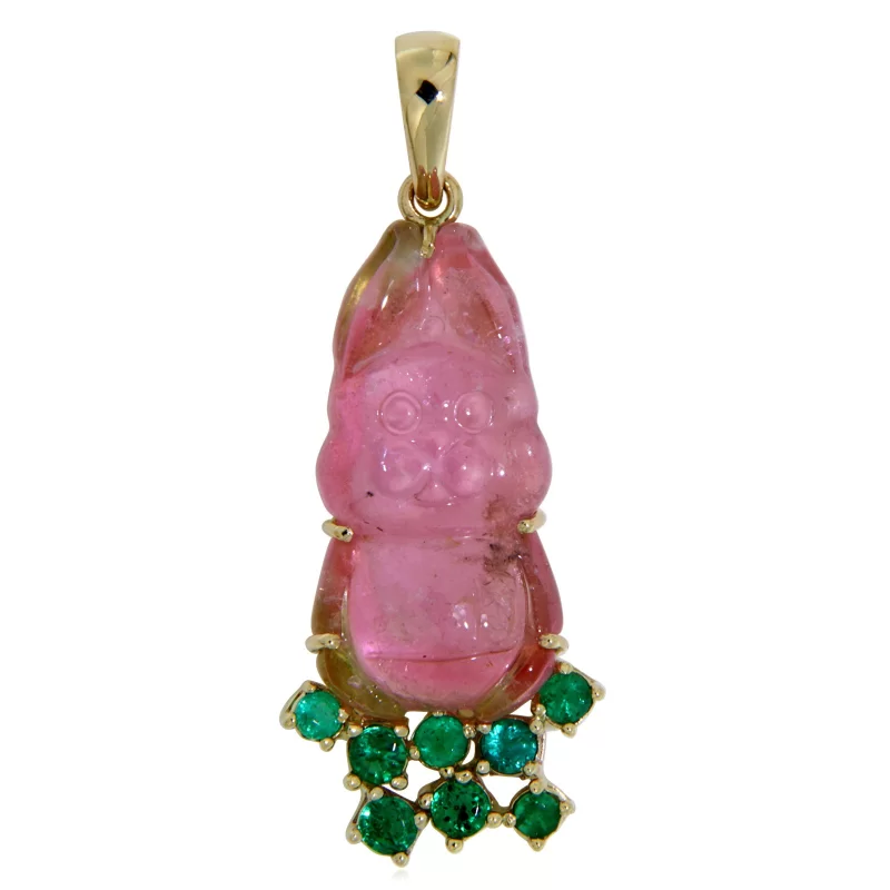 Pandantiv Aur 14 k Turmalina Roz Gravata Manual Smaralde Naturale - Delicate Pink Rabbit