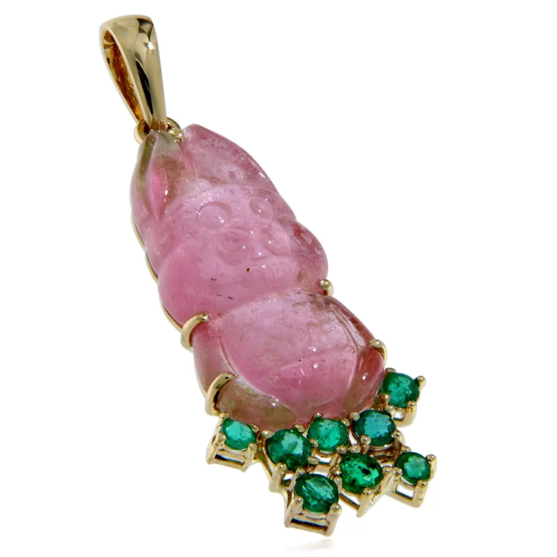 Pandantiv Aur 14 k Turmalina Roz Gravata Manual Smaralde Naturale - Delicate Pink Rabbit