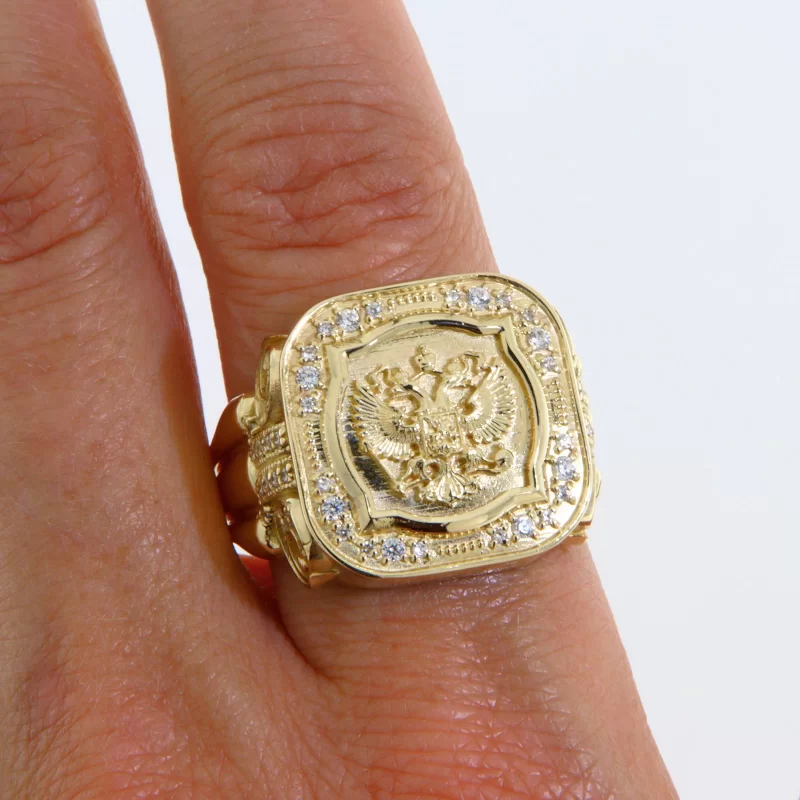 Ghiul Masiv Barbatesc Aur 14 k Diamante Naturale Vultur Bicefal Signet Ring