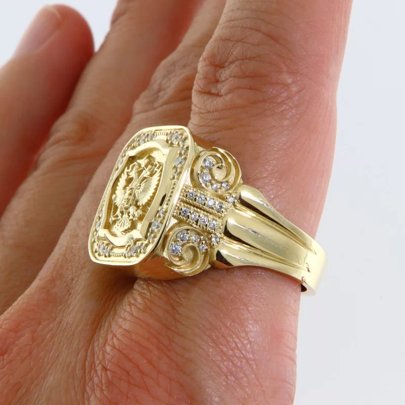 Ghiul Masiv Barbatesc Aur 14 k Diamante Naturale Vultur Bicefal Signet Ring