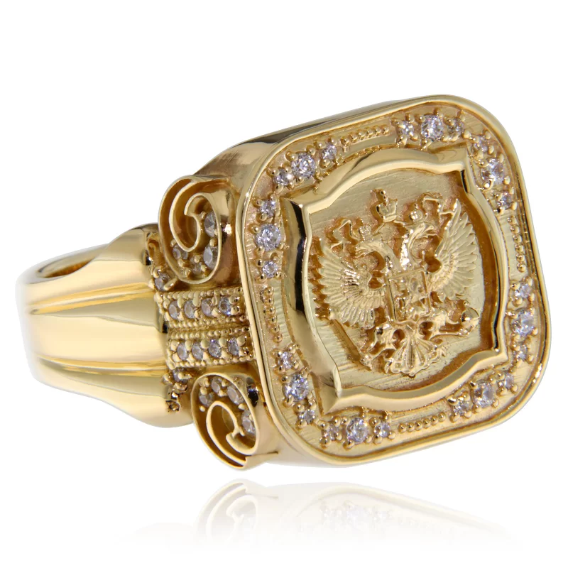 Ghiul Masiv Barbatesc Aur 14 k Diamante Naturale Vultur Bicefal Signet Ring