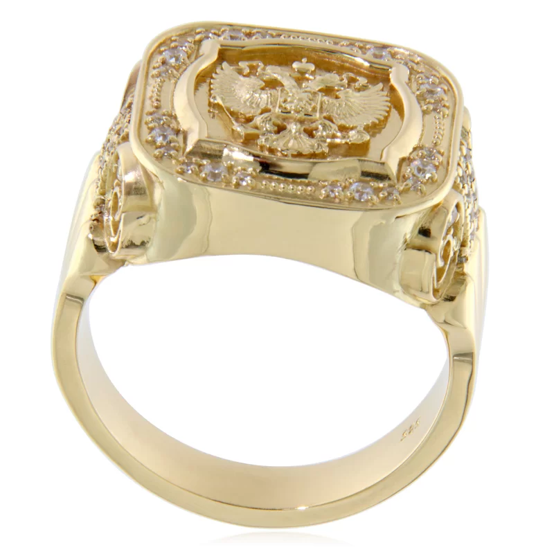 Ghiul Masiv Barbatesc Aur 14 k Diamante Naturale Vultur Bicefal Signet Ring