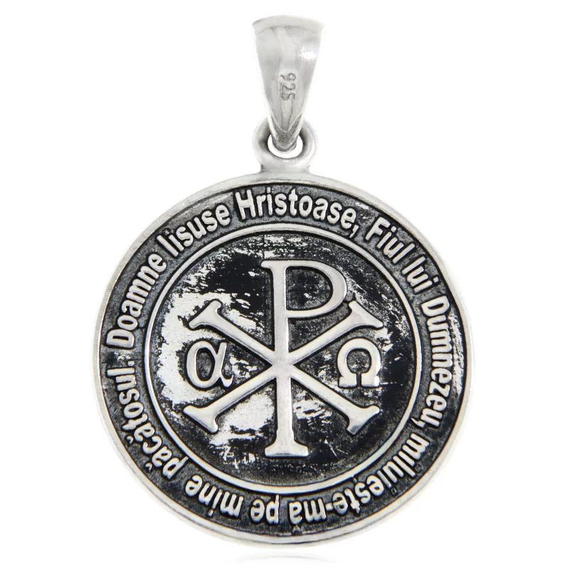 Pandantiv 2 cm Argint 925 Hristos Inceputul si Sfarsitul - IC XC NI KA Iisus Hristos Invinge cu Rugaciunea Inimii