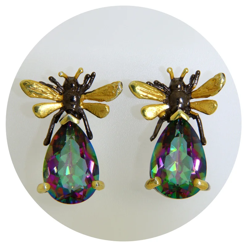 Cercei Stud Argint 925 Rodiu Negru Accente Aurite Cuart Mistic Insecte Stilizate