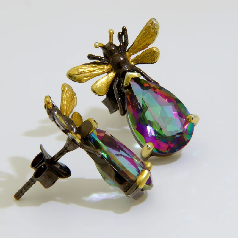 Cercei Stud Argint 925 Rodiu Negru Accente Aurite Cuart Mistic Insecte Stilizate