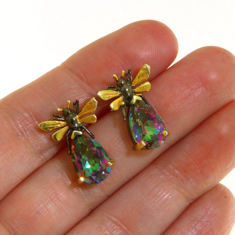 Cercei Stud Argint 925 Rodiu Negru Accente Aurite Cuart Mistic Insecte Stilizate