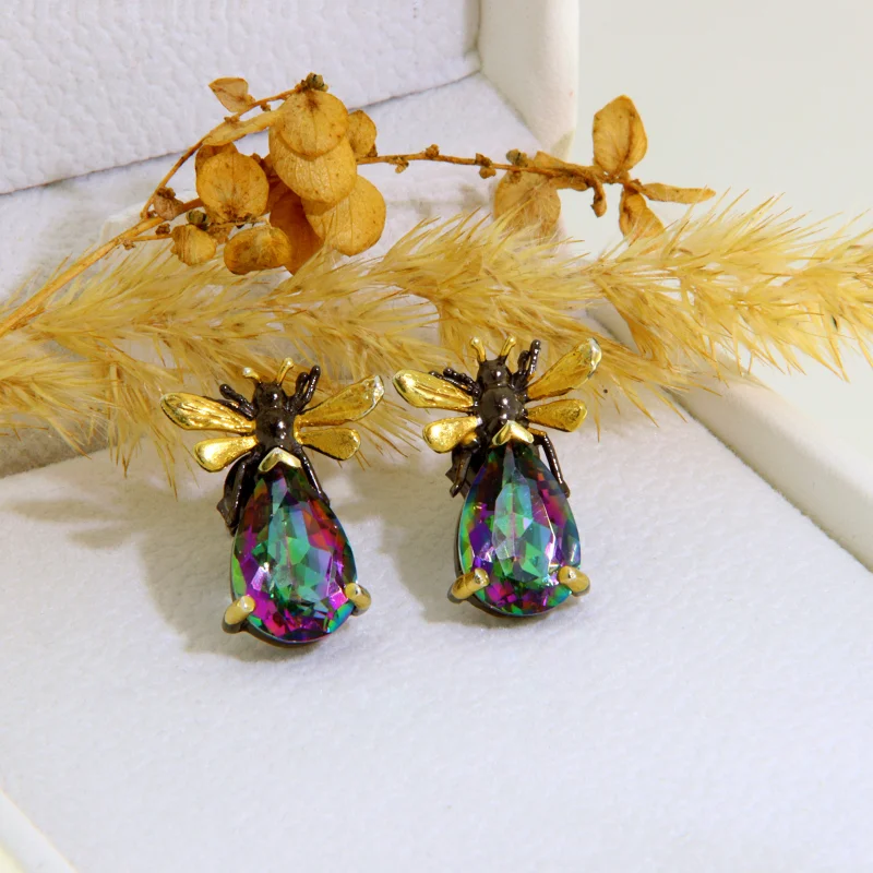 Cercei Stud Argint 925 Rodiu Negru Accente Aurite Cuart Mistic Insecte Stilizate
