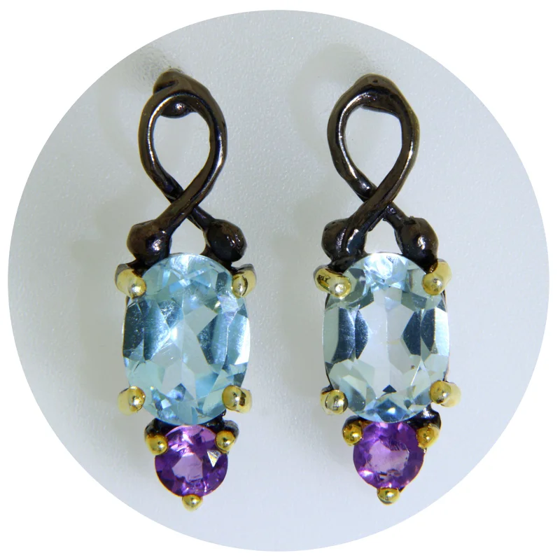Cercei Stud Argint 925 Rodiu Negru Accente Aurite Topaz Ametist Naturale - Contrast si Rafinament