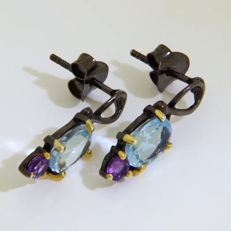 Cercei Stud Argint 925 Rodiu Negru Accente Aurite Topaz Ametist Naturale - Contrast si Rafinament