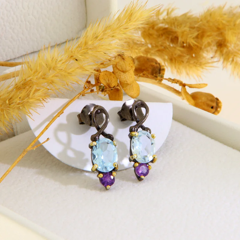 Cercei Stud Argint 925 Rodiu Negru Accente Aurite Topaz Ametist Naturale - Contrast si Rafinament