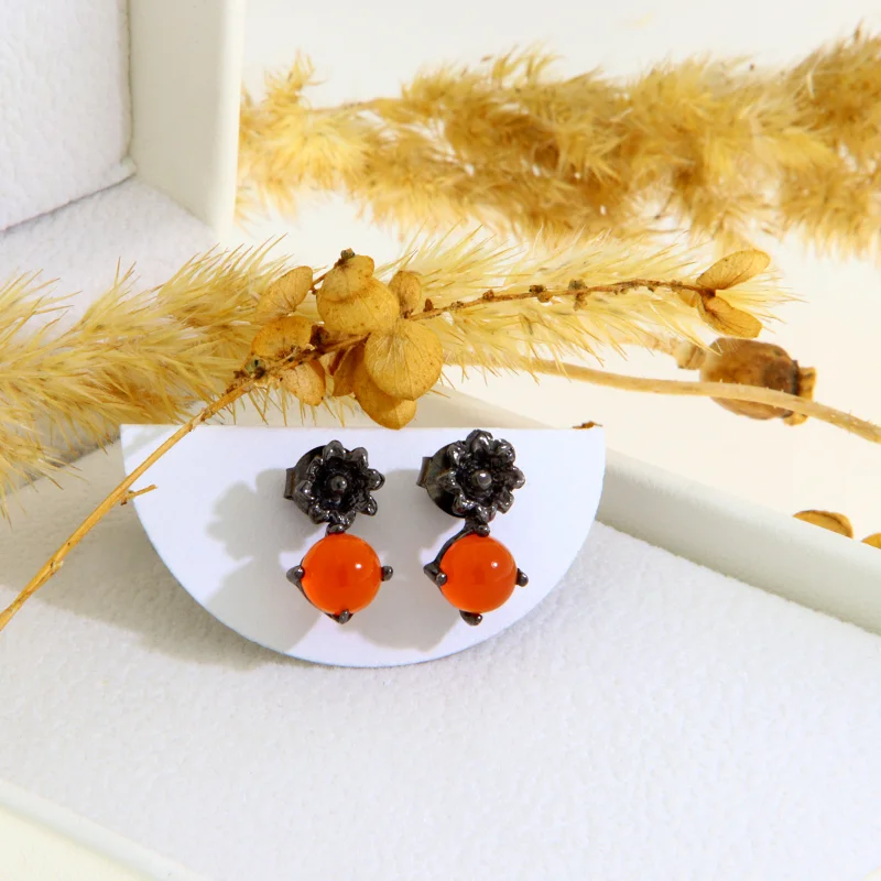  Cercei Stud Argint 925 Rodiu Negru Carneol Natural - Contrast Vibrant