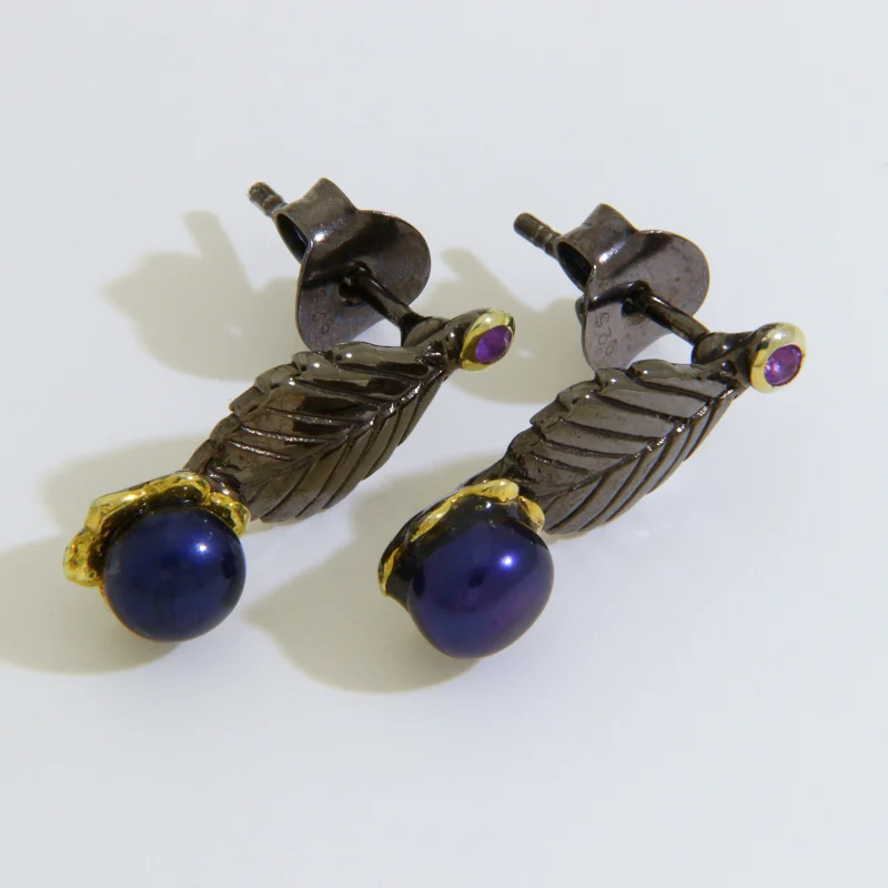Cercei Stud Argint 925 Rodiati Accente Aurite Perle Mov Ametist Naturale
