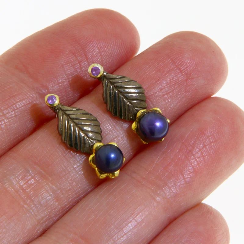 Cercei Stud Argint 925 Rodiati Accente Aurite Perle Mov Ametist Naturale