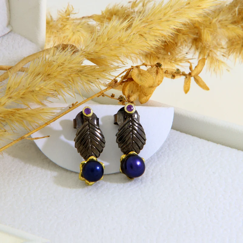 Cercei Stud Argint 925 Rodiati Accente Aurite Perle Mov Ametist Naturale