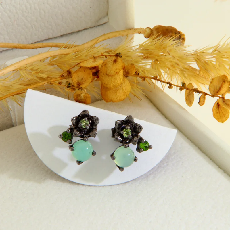 Cercei Stud Argint 925 Rodiu Negru Acvamarin Peridot Naturale - Armonie Florala