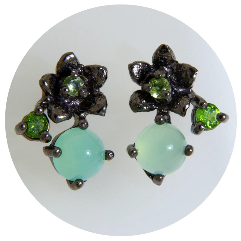 Cercei Stud Argint 925 Rodiu Negru Acvamarin Peridot Naturale - Armonie Florala