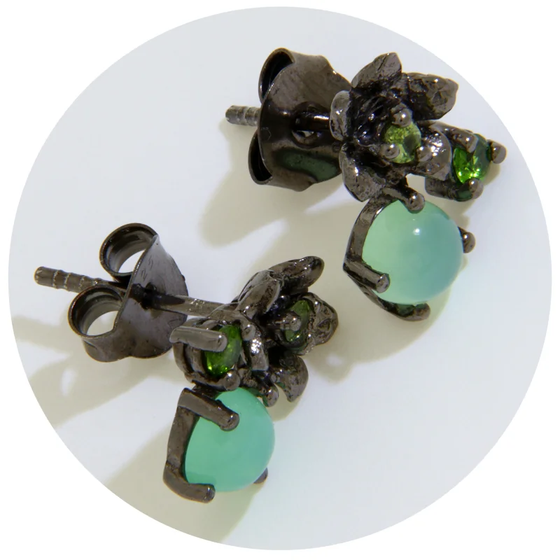 Cercei Stud Argint 925 Rodiu Negru Acvamarin Peridot Naturale - Armonie Florala